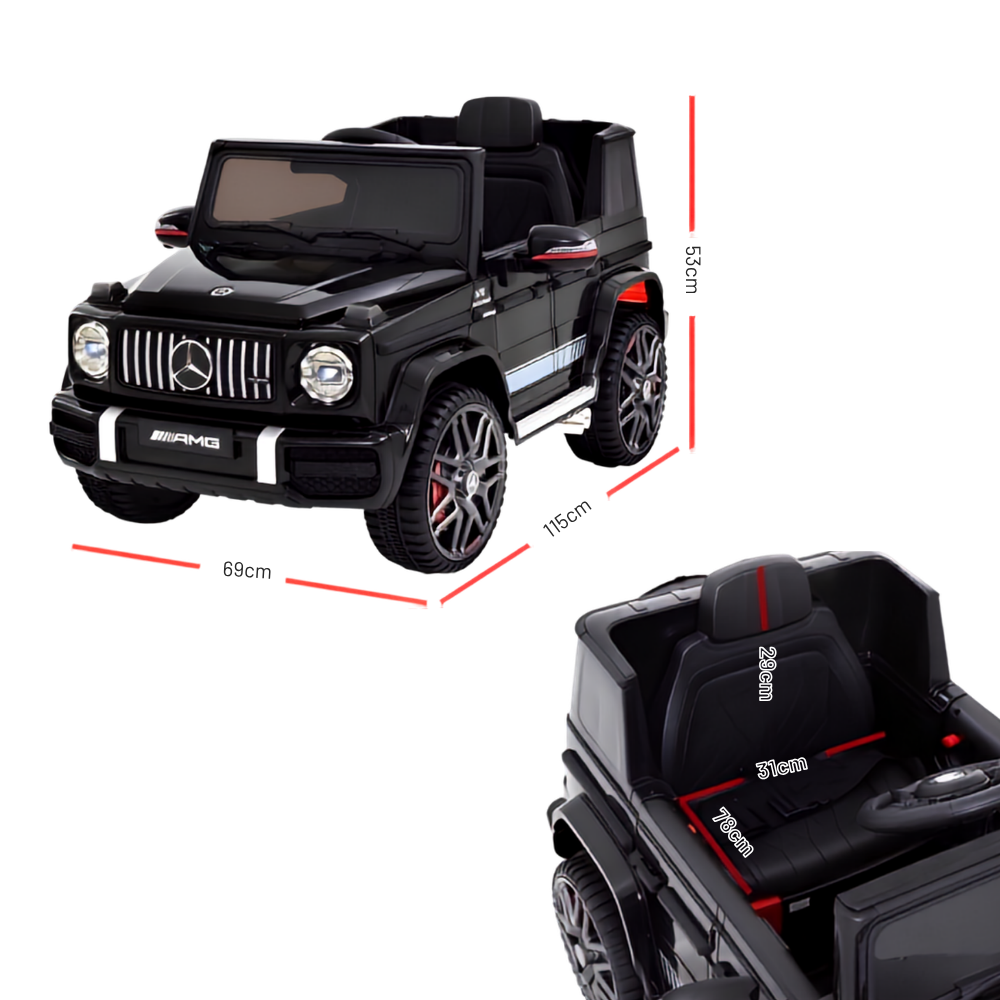 Black Mercedes-Benz G-Class style children's ride-on toy car shown on a white background with red dimension lines indicating overall size (68 cm wide, 115 cm long, 52 cm high) and a smaller inset view showing the interior seat dimensions.