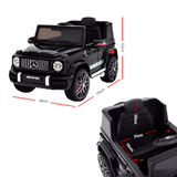 Black Mercedes-Benz G-Class style children's ride-on toy car shown on a white background with red dimension lines indicating overall size (68 cm wide, 115 cm long, 52 cm high) and a smaller inset view showing the interior seat dimensions.
