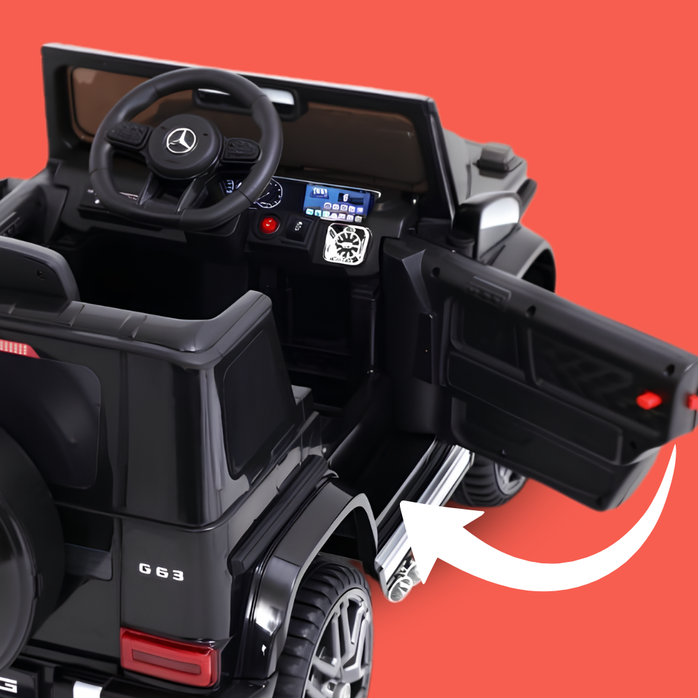 Black Mercedes-Benz G63 style children's ride-on toy car with an open door and white arrow graphic indicating a feature, shown on a solid red background.