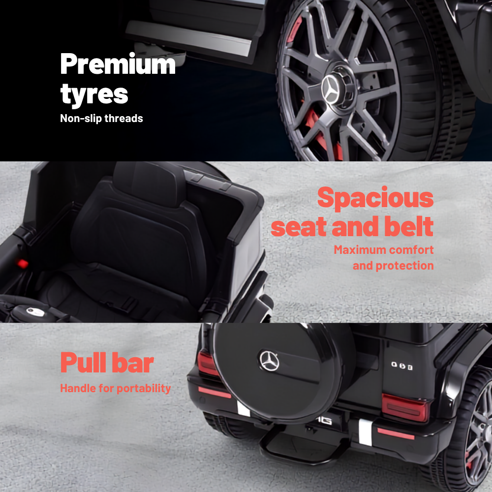 A promotional collage showing a black ride-on vehicle, highlighting premium tires, a spacious seat with belt, and a pull bar. The top panel shows a close-up of the black tire with a silver Mercedes-Benz star wheel.