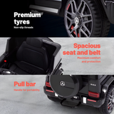 A promotional collage showing a black ride-on vehicle, highlighting premium tires, a spacious seat with belt, and a pull bar. The top panel shows a close-up of the black tire with a silver Mercedes-Benz star wheel.