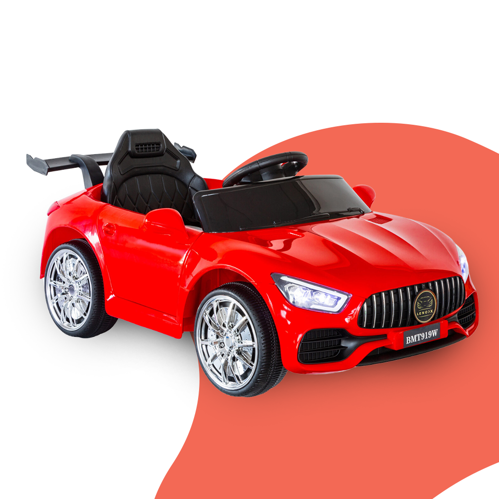 Red ride-on toy car with sleek sports car design and shiny wheels.