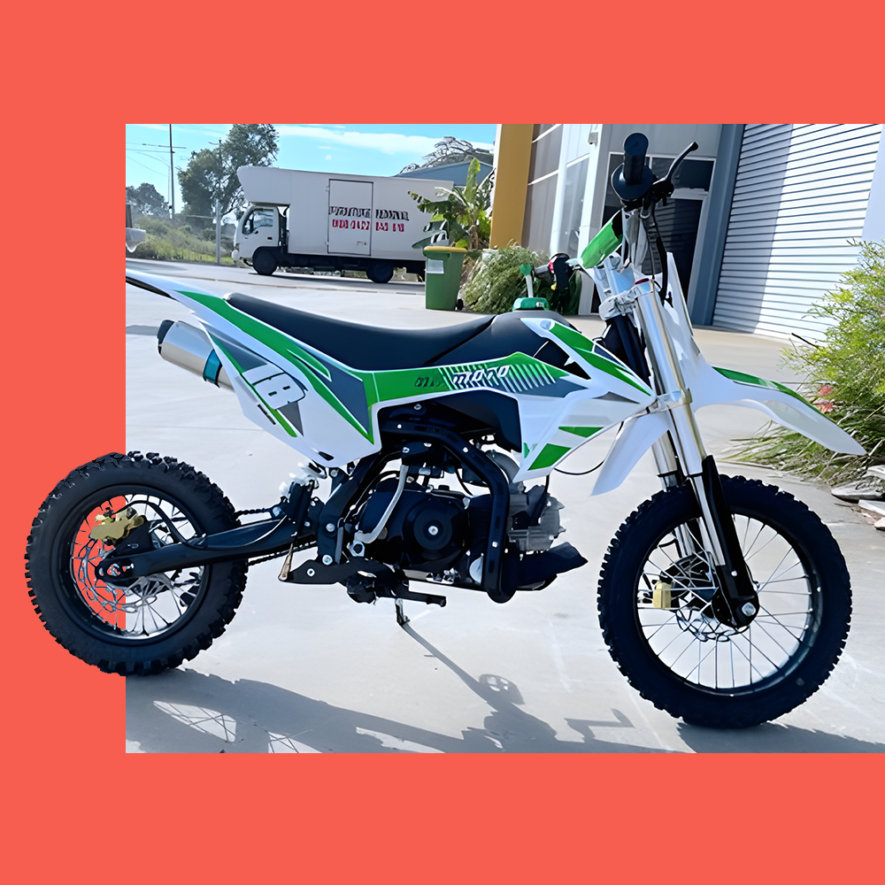 side view of MJM 110cc Petrol Powered 4-Stroke Kids Trail Pit Dirt Bike - Green