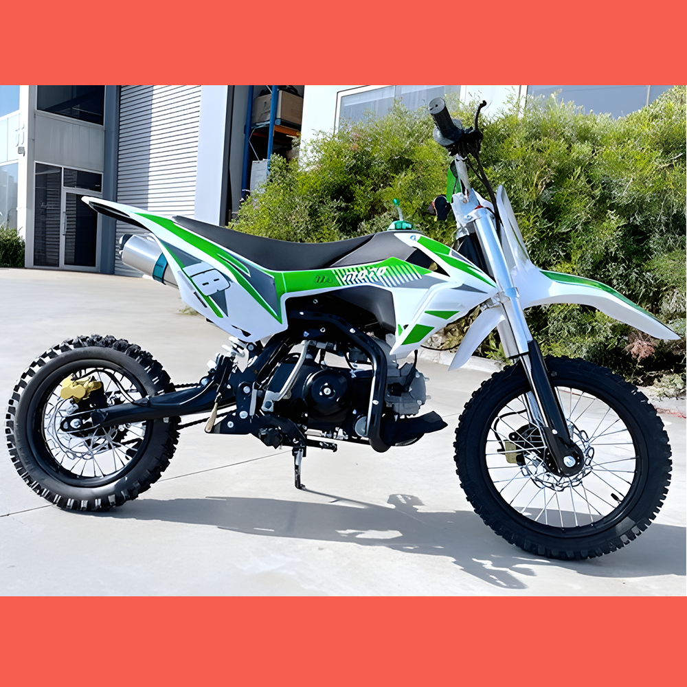 side view of MJM 110cc Petrol Powered 4-Stroke Kids Trail Pit Dirt Bike - Green