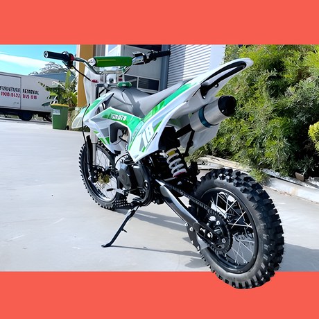 rear view of MJM 110cc Petrol Powered 4-Stroke Kids Trail Pit Dirt Bike - Green