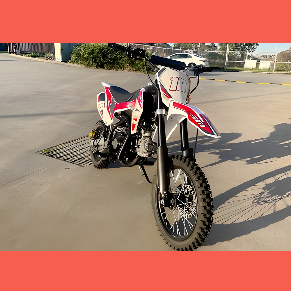 front view of MJM 110cc Petrol Powered 4-Stroke Kids Trail Pit Dirt Bike - Red