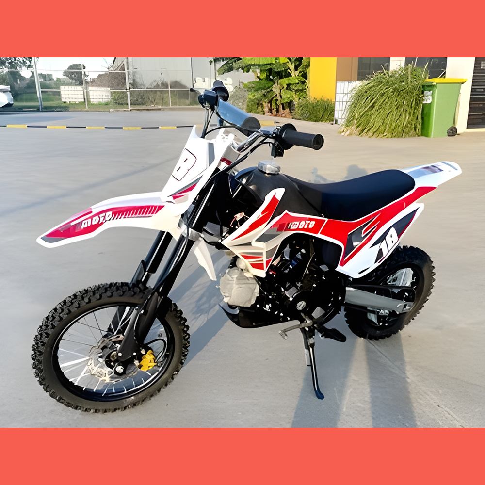 front view of MJM 110cc Petrol Powered 4-Stroke Kids Trail Pit Dirt Bike - Red