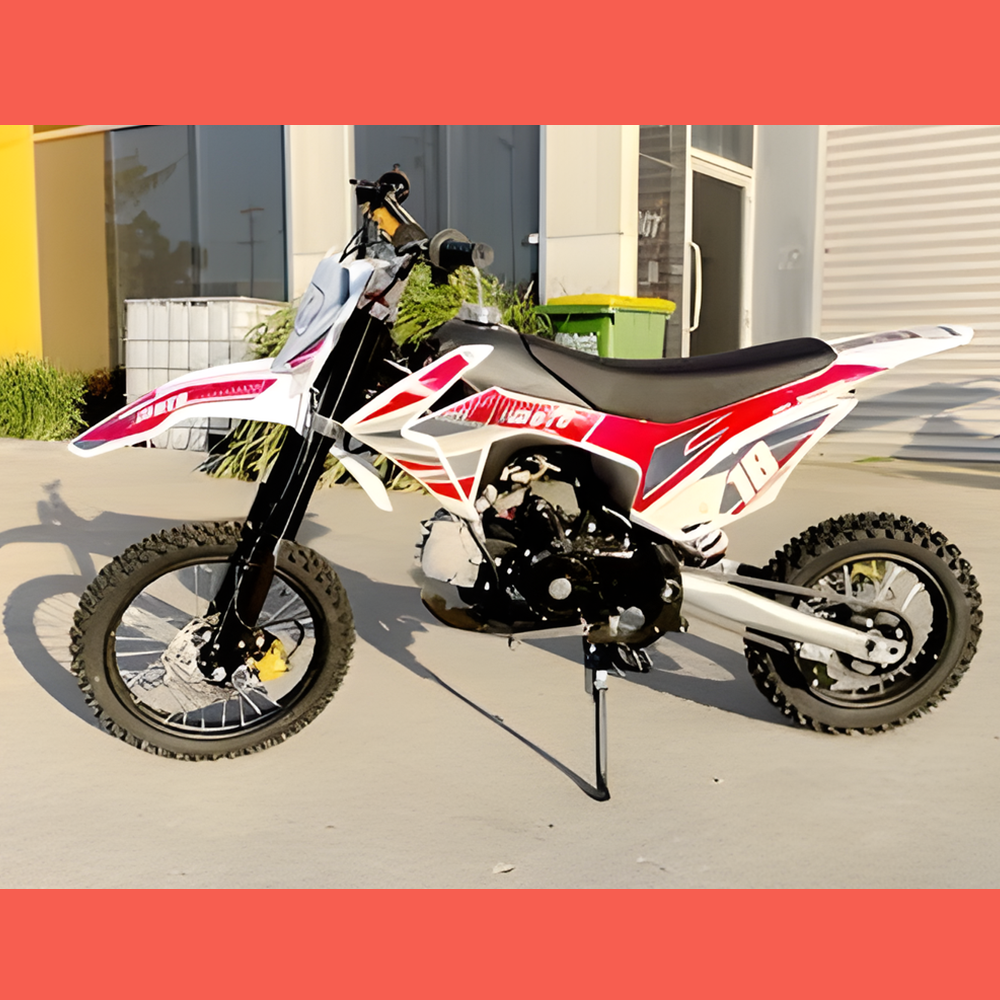 side view of MJM 110cc Petrol Powered 4-Stroke Kids Trail Pit Dirt Bike - Red