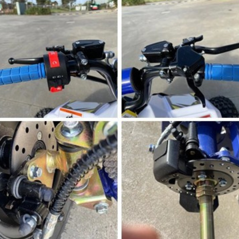 Close-up details of a motorcycle's handlebar, brake lever, and suspension system.
