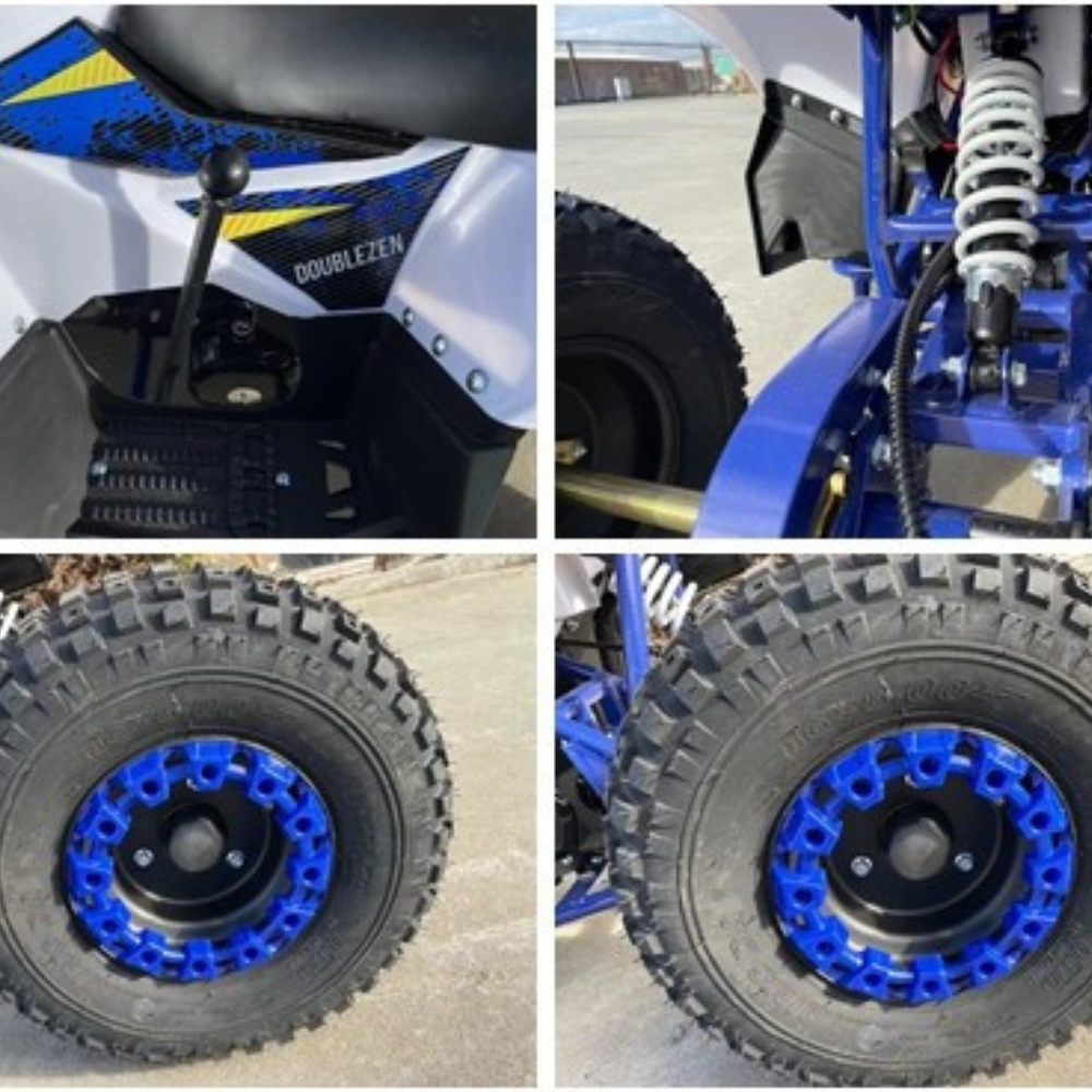 Collage of a blue and white ATV with close-up details on tires and suspension.