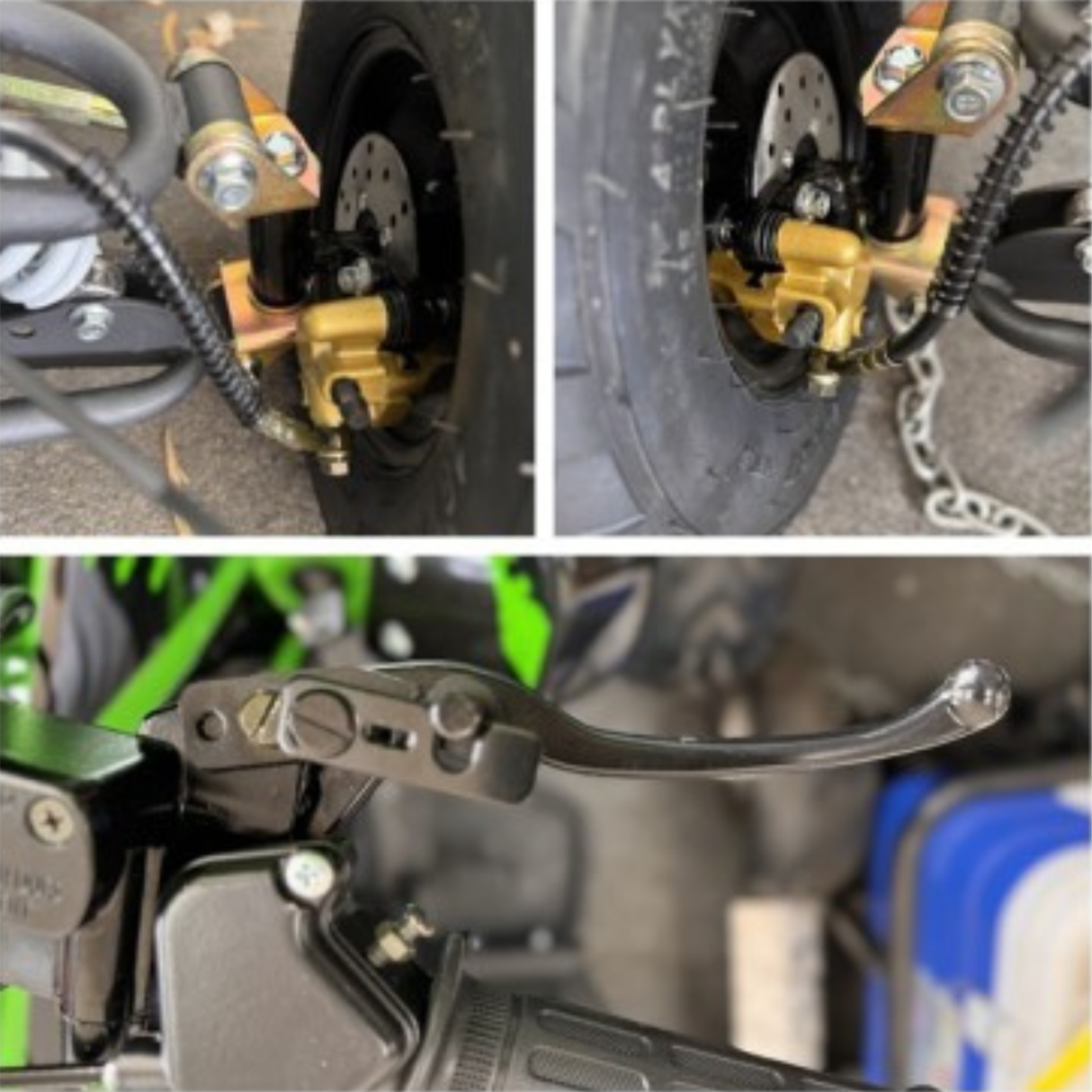 Close-up of motorcycle brake system components with gold and black parts.
