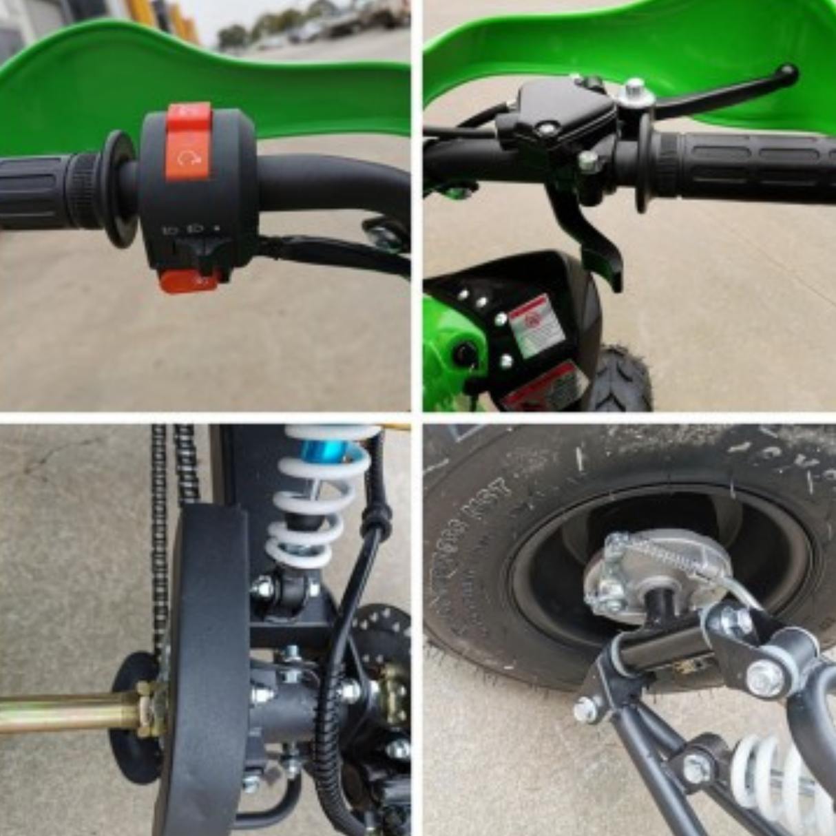 Close-up details of a green motorcycle including handlebars, suspension, and wheel.
