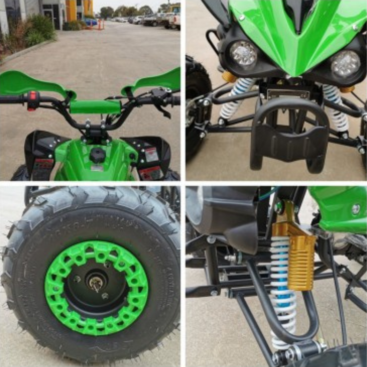 Collage of a green ATV showing different parts including handlebars, front wheel, suspension, and tire.