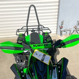 Green and black ATV with 'MJMOTO' branding parked outdoors.