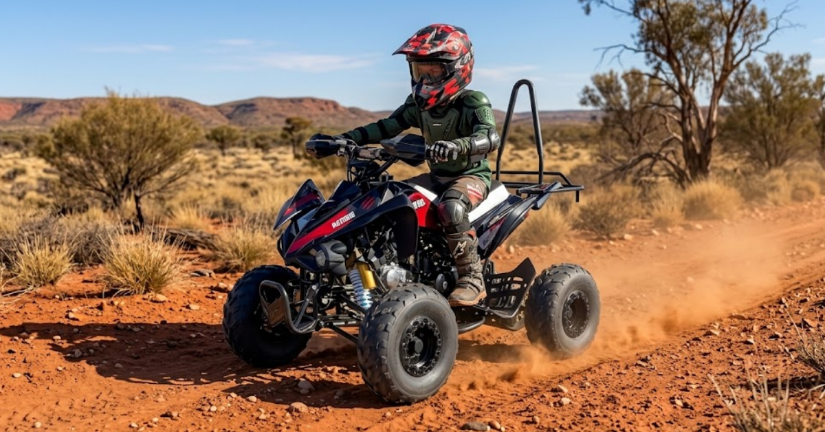 A person wearing a red and black helmet rides a red and black quad bike ATV on a dusty red dirt road through an arid desert landscape.