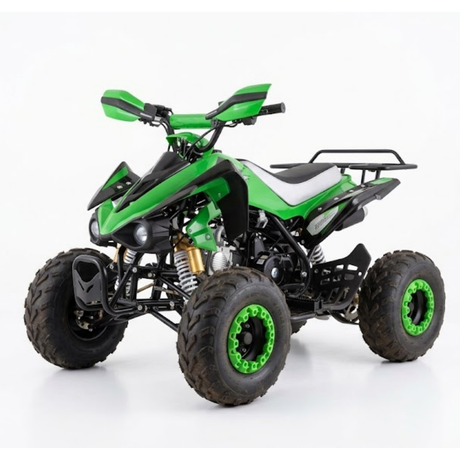 A green and black mini quad bike ATV with knobby tires and bright green wheel accents, photographed on a clean white studio background.