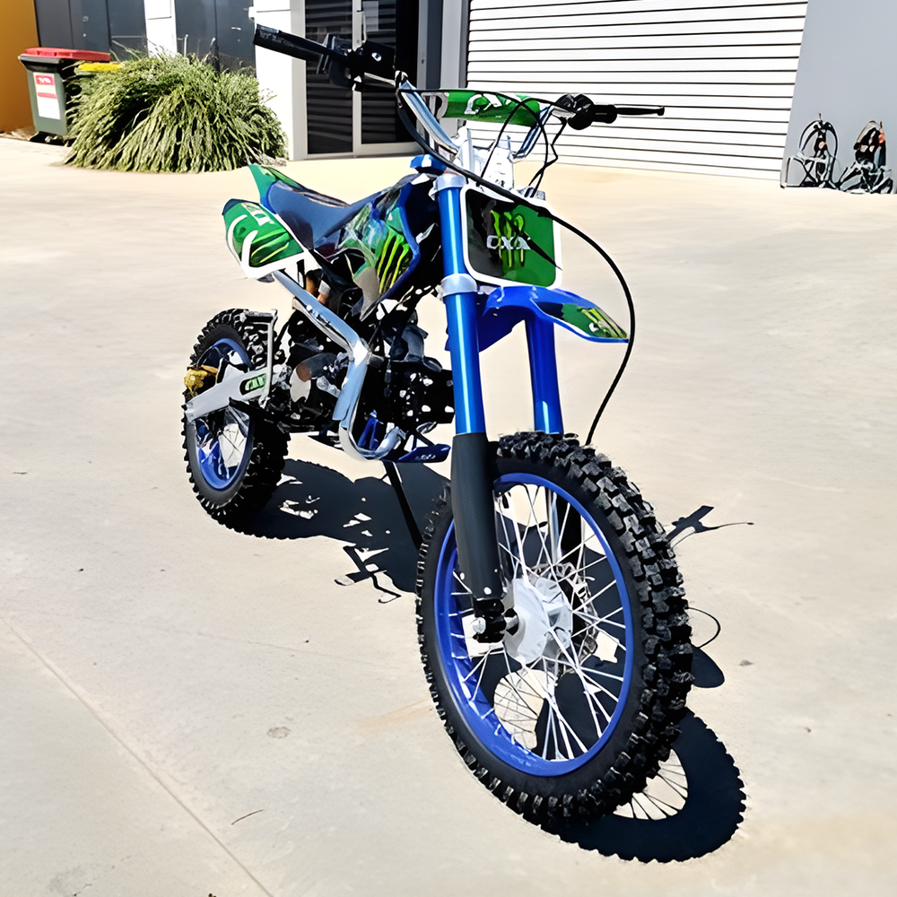 front view of MJM 125cc BigFoot Petrol Powered 4-Stroke Kids Dirt Bike - Blue