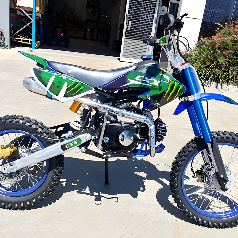 side view of MJM 125cc BigFoot Petrol Powered 4-Stroke Kids Dirt Bike - Blue