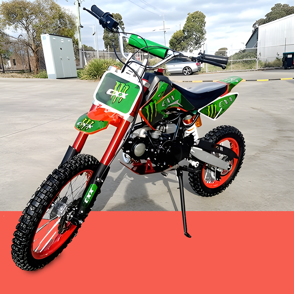 front view of MJM 125cc BigFoot Petrol Powered 4-Stroke Kids Dirt Bike - Red