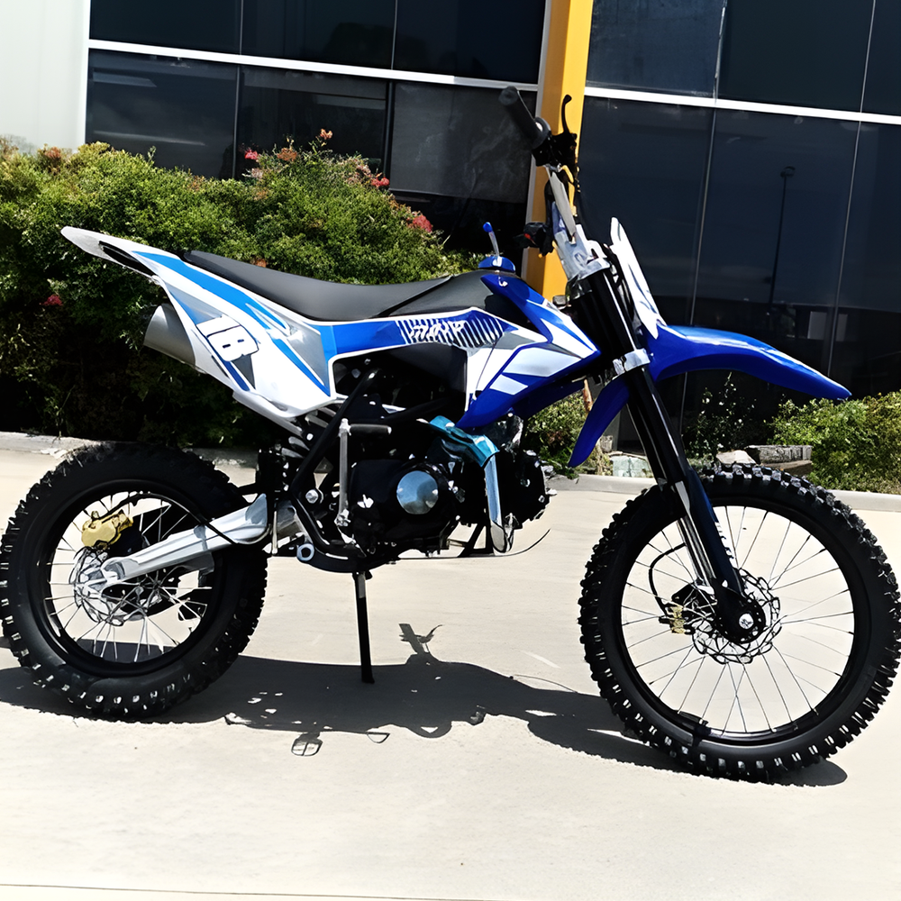 side view of MJM 125cc Petrol Powered 4-Stroke E-Start Kids Dirt Bike - Blue