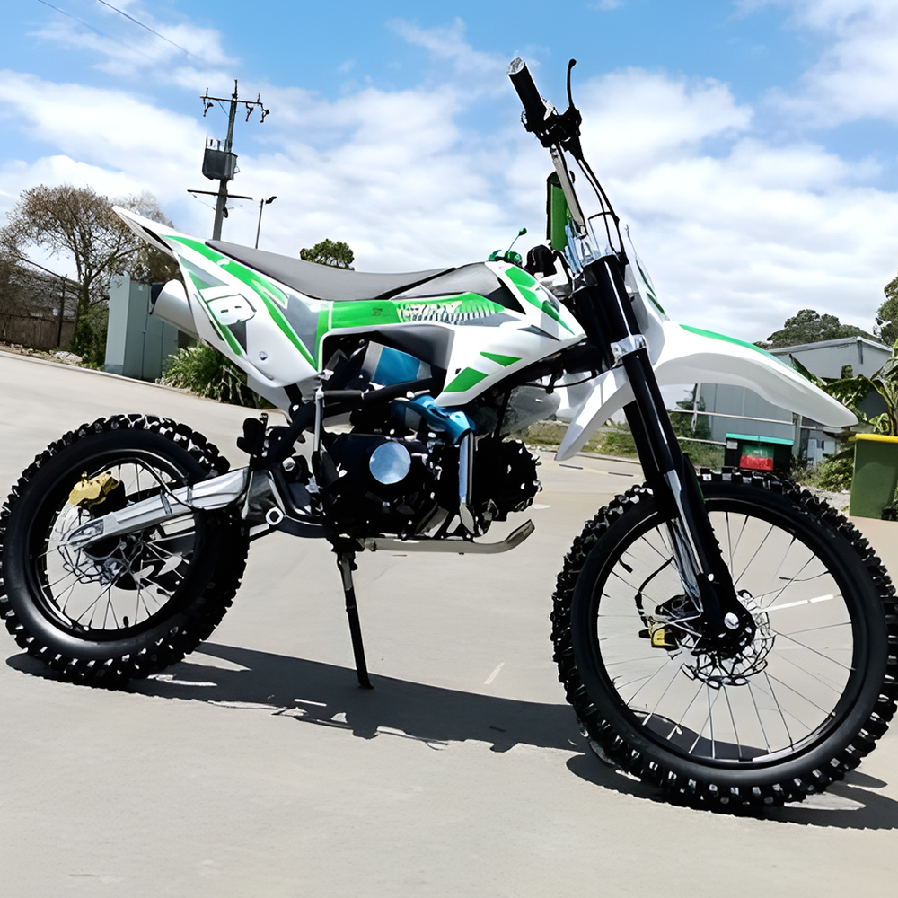 side view of MJM 125cc Petrol Powered 4-Stroke E-Start Kids Dirt Bike - Green