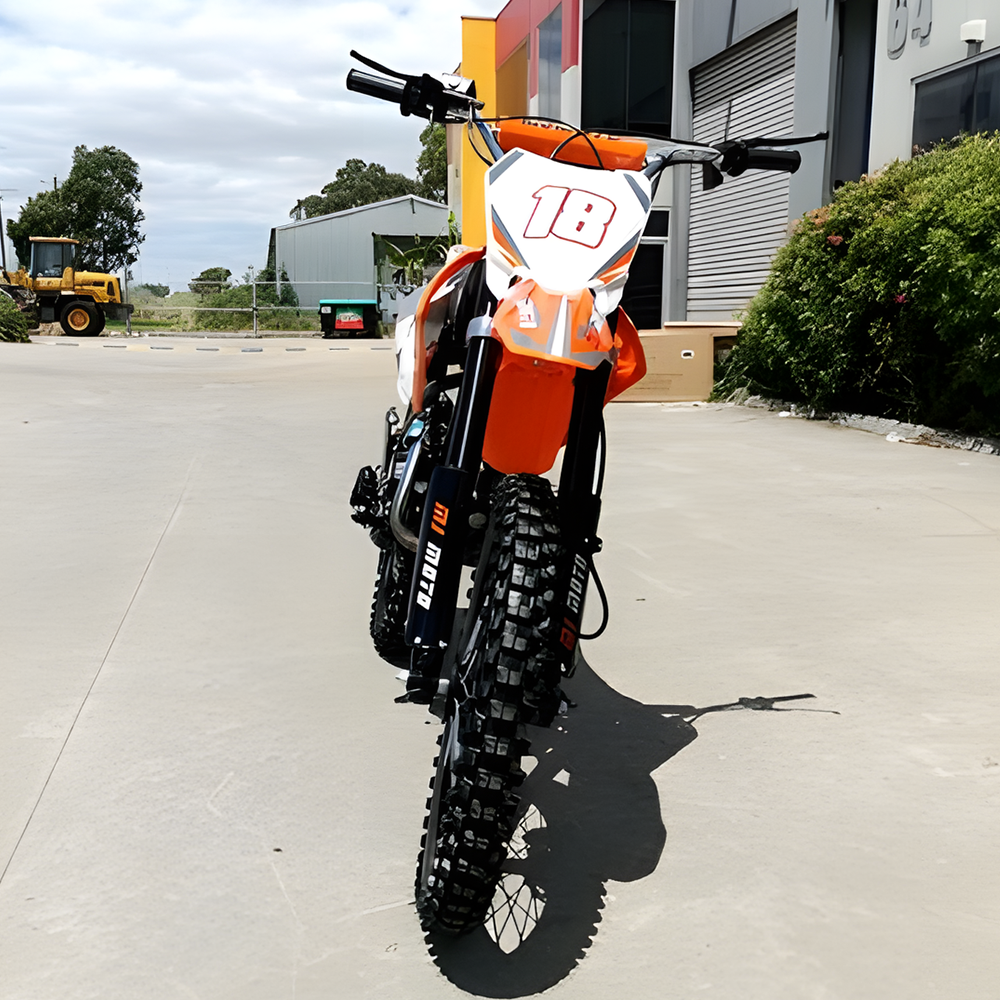 front view of MJM 125cc Petrol Powered 4-Stroke E-Start Kids Dirt Bike - Orange