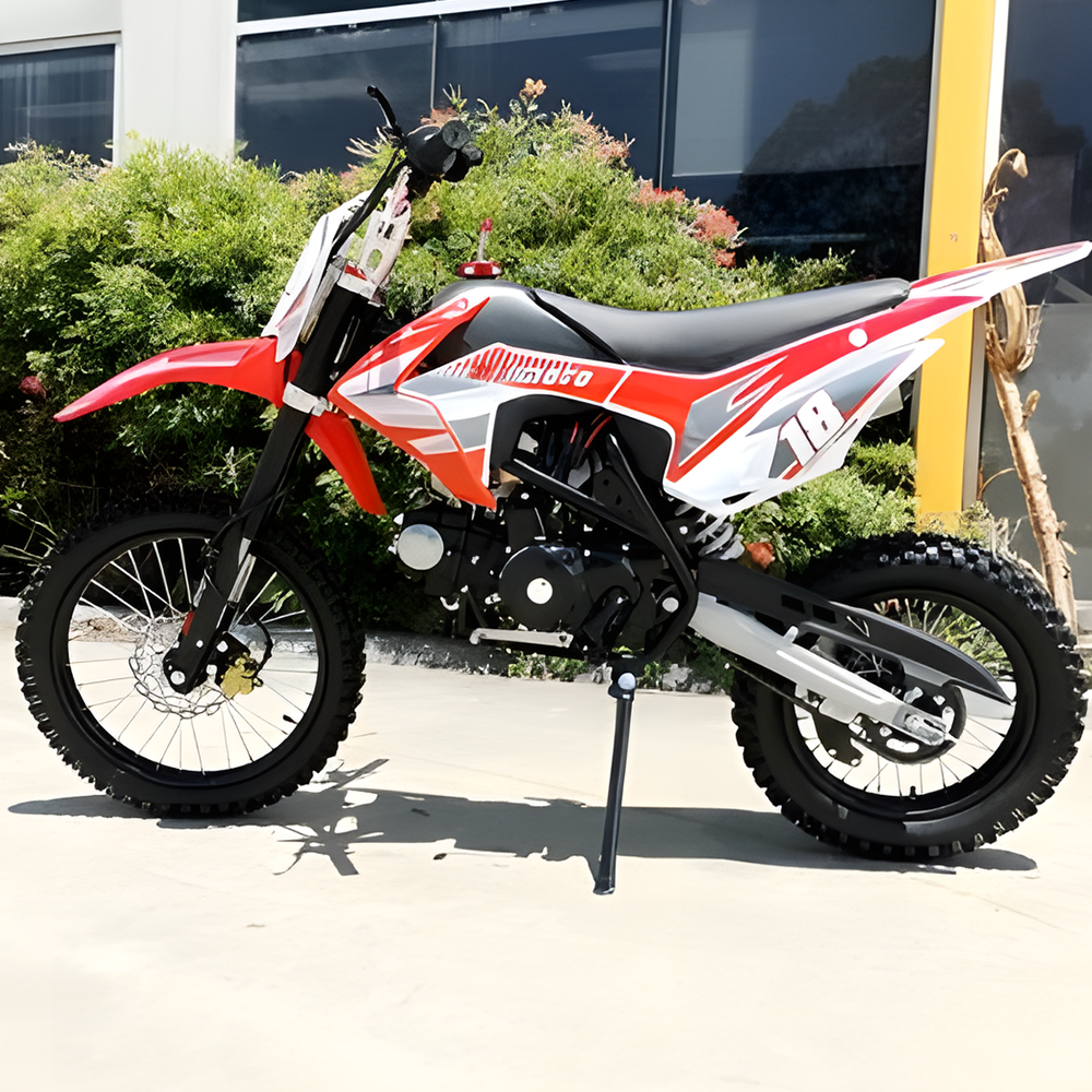 side view of MJM 125cc Petrol Powered 4-Stroke E-Start Kids Dirt Bike - Red