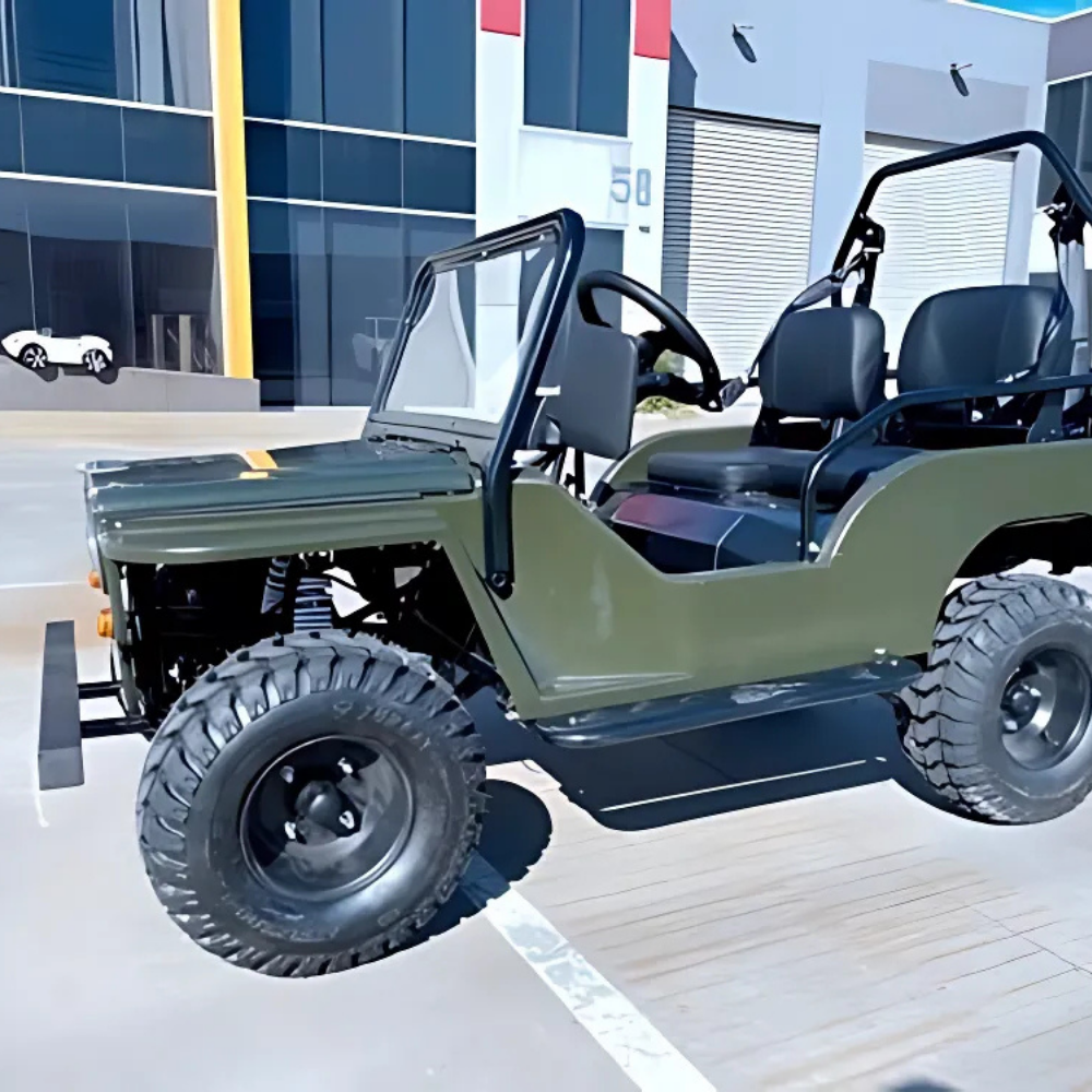 Green off-road vehicle in a parking lot with modern buildings in the background