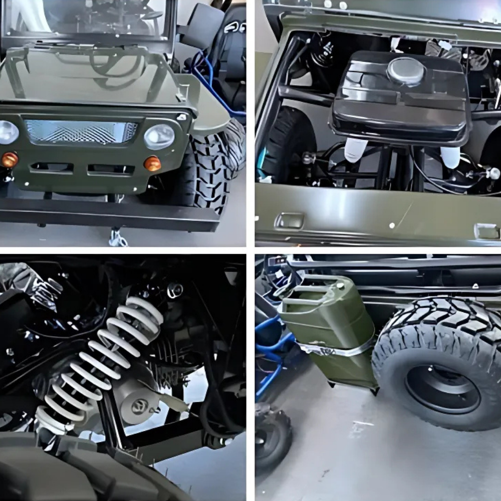 Collage of close-up shots of a green off-road vehicle's front, engine, suspension, and side profile.