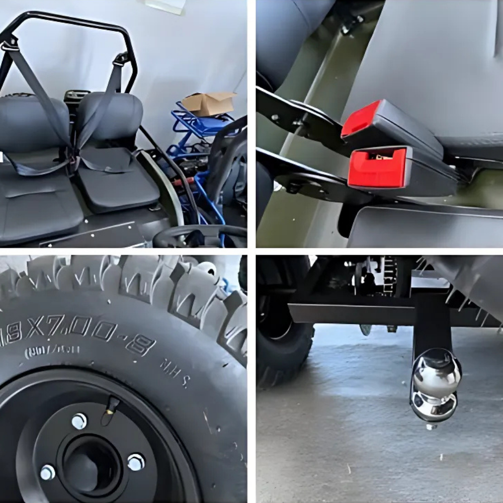 Collage of a four-wheeled vehicle with different parts highlighted, including seats, hitch, tire, and suspension.