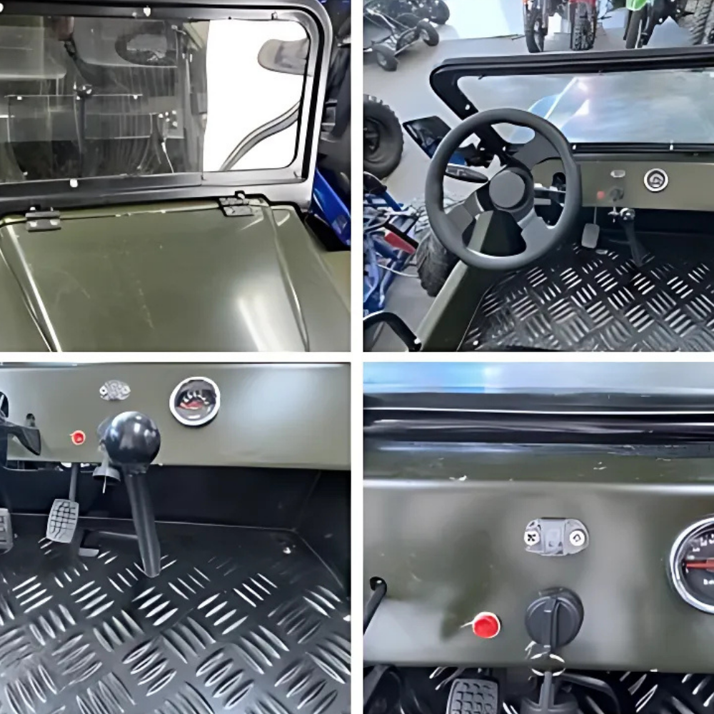 Collage of interior views of a small vehicle, including dashboard, steering wheel, and floor.
