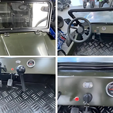 Collage of interior views of a small vehicle, including dashboard, steering wheel, and floor.