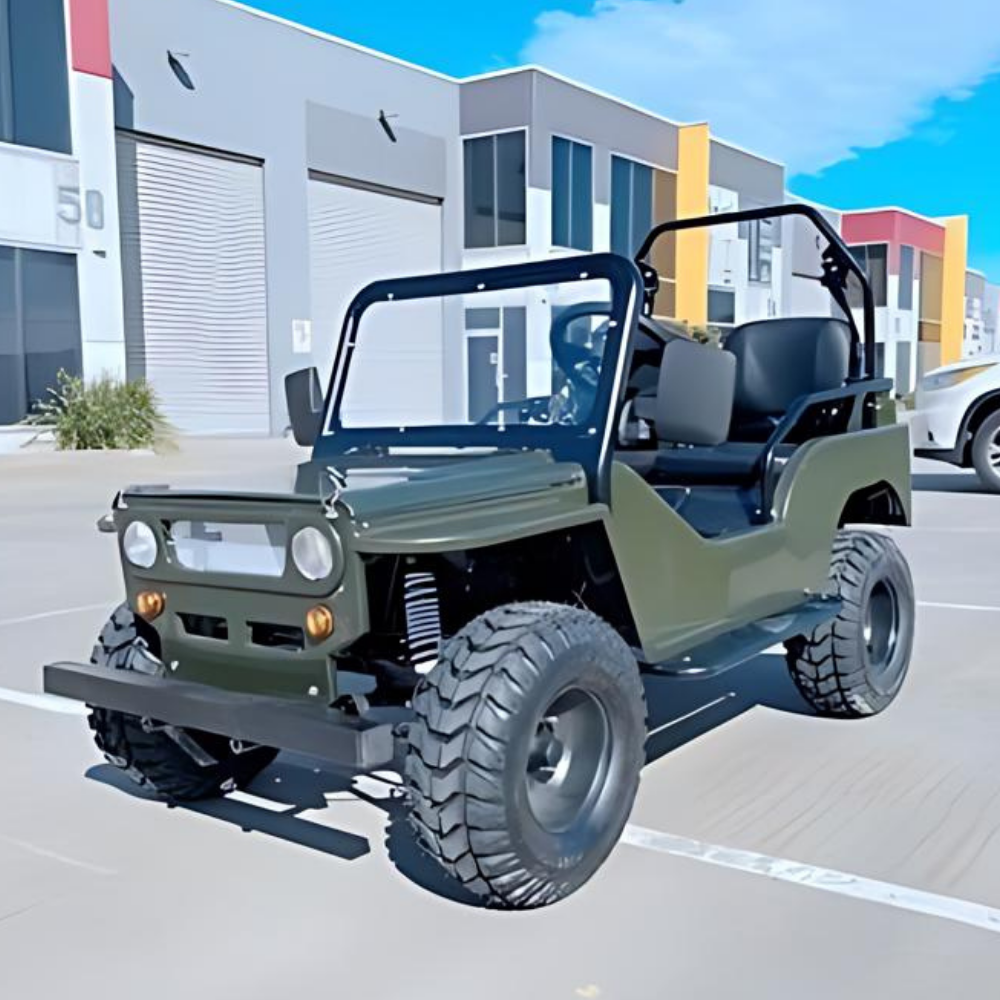Green off-road vehicle in a parking lot with colorful buildings in the background