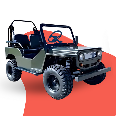 Small off-road vehicle on a red and white background