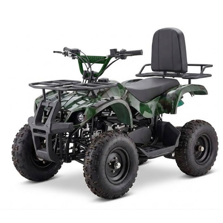 A small quad bike ATV with a green and black camouflage pattern, black seat, and black tires, shown from a three-quarters angle on a white background.