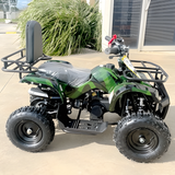 Green and black ATV parked on a concrete surface with plants and a building in the background.