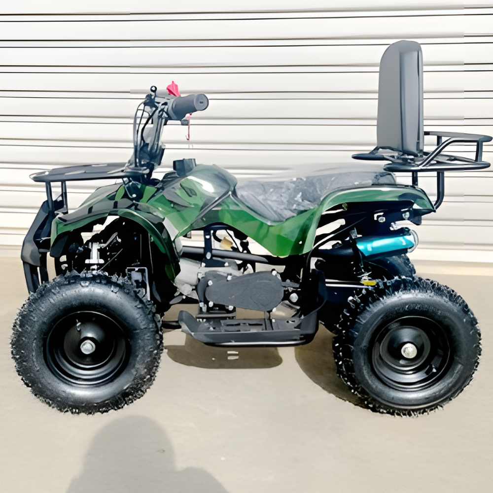 Green and black ATV on a concrete surface with a metal shutter in the background