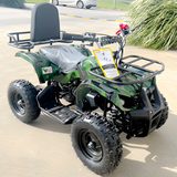 Green ATV on a paved surface with grass and a car in the background