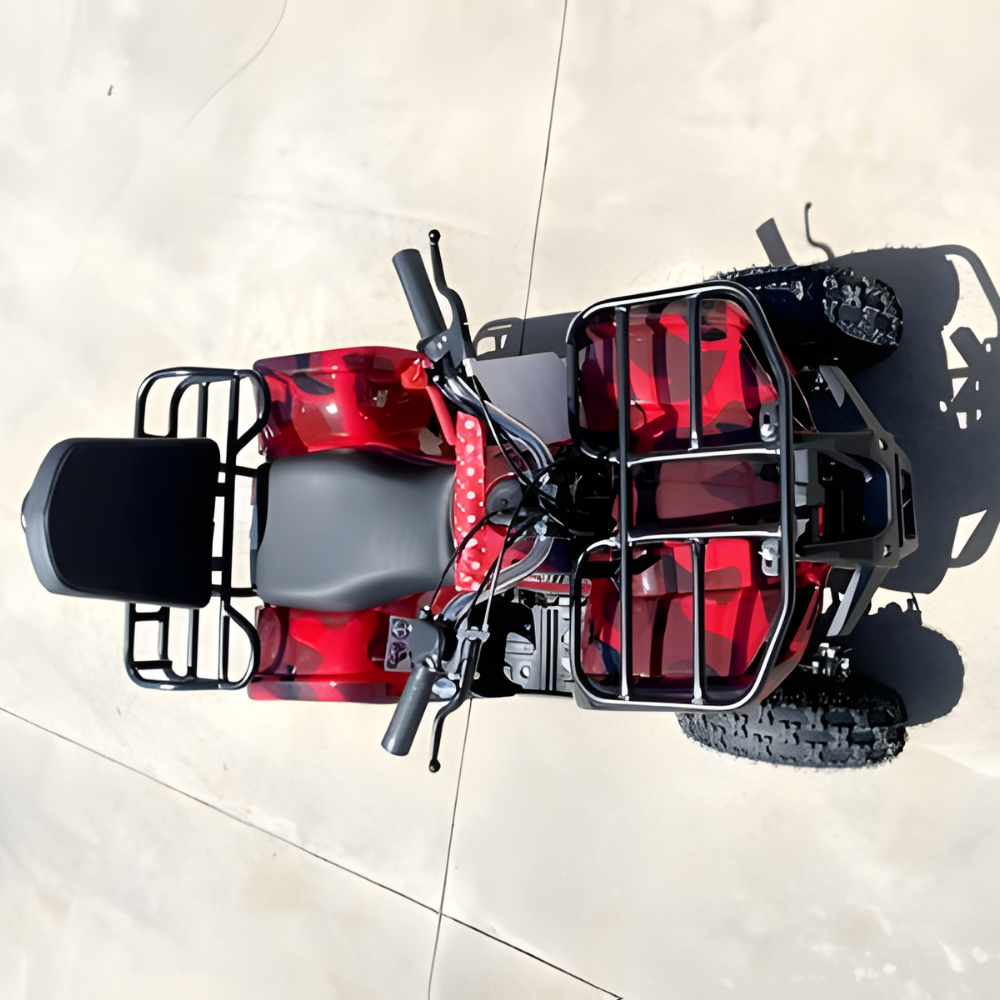 Red and black ATV on a tiled floor