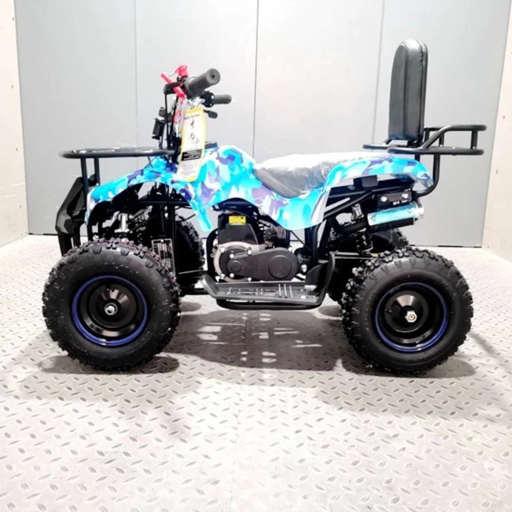 Children's ATV with blue and black design on a white background
