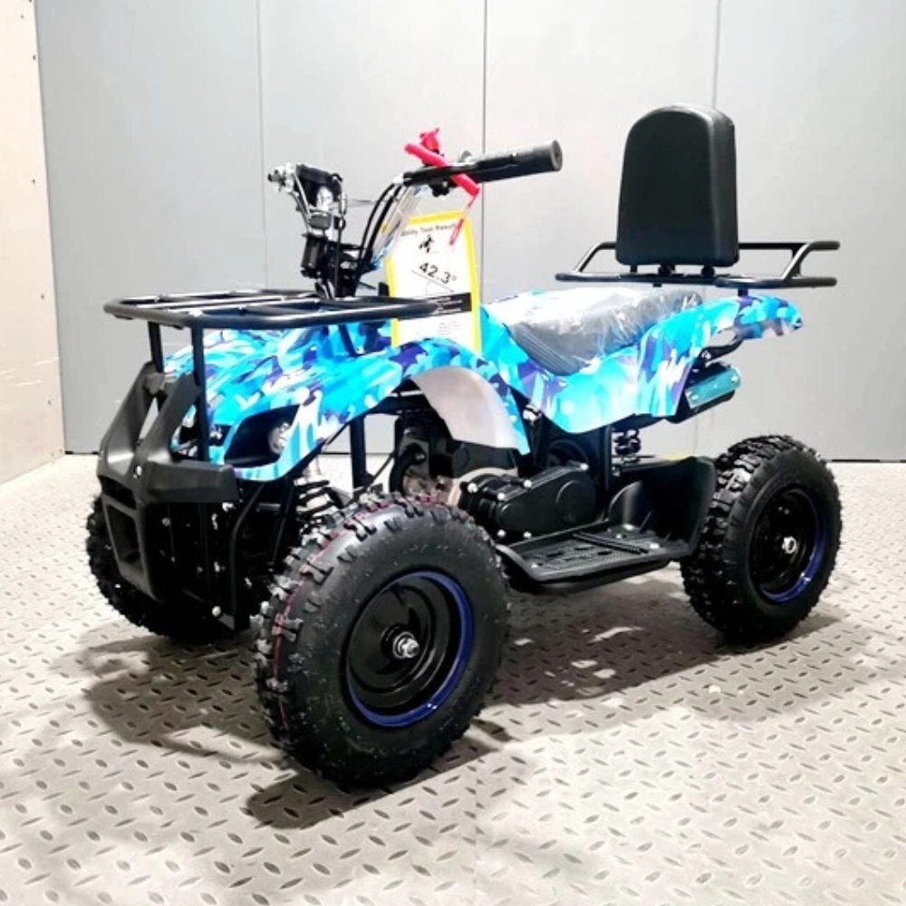 ATV with blue and black design on a white background
