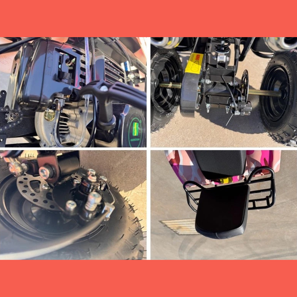 Collage of close-up images of a vehicle's mechanical components on a red background.