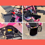 Collage of a child's bike with various components on a concrete surface.