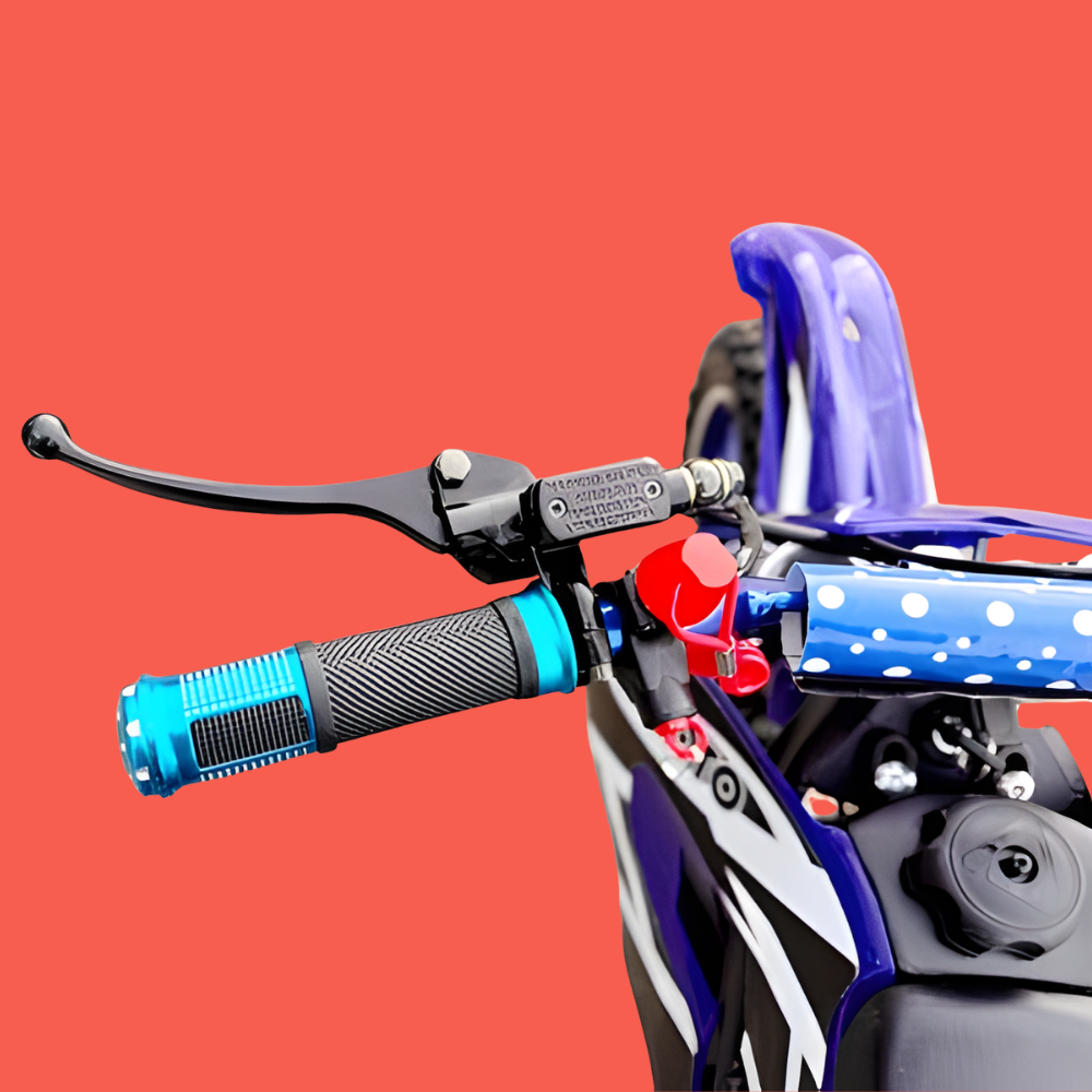 Close-up of a motorcycle handlebar with blue grips and purple accents on a red background