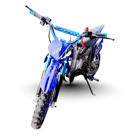 Blue and black dirt bike on a white background
