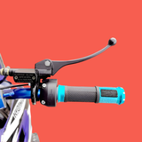 Close-up of a motorcycle handlebar with blue grips on a red background