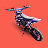 Blue and black dirt bike on a red background