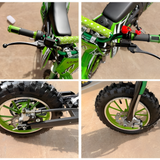 Close-up details of a green children's bike on a beige surface