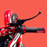 Close-up of a red and black motorcycle handlebar with grips on a red background