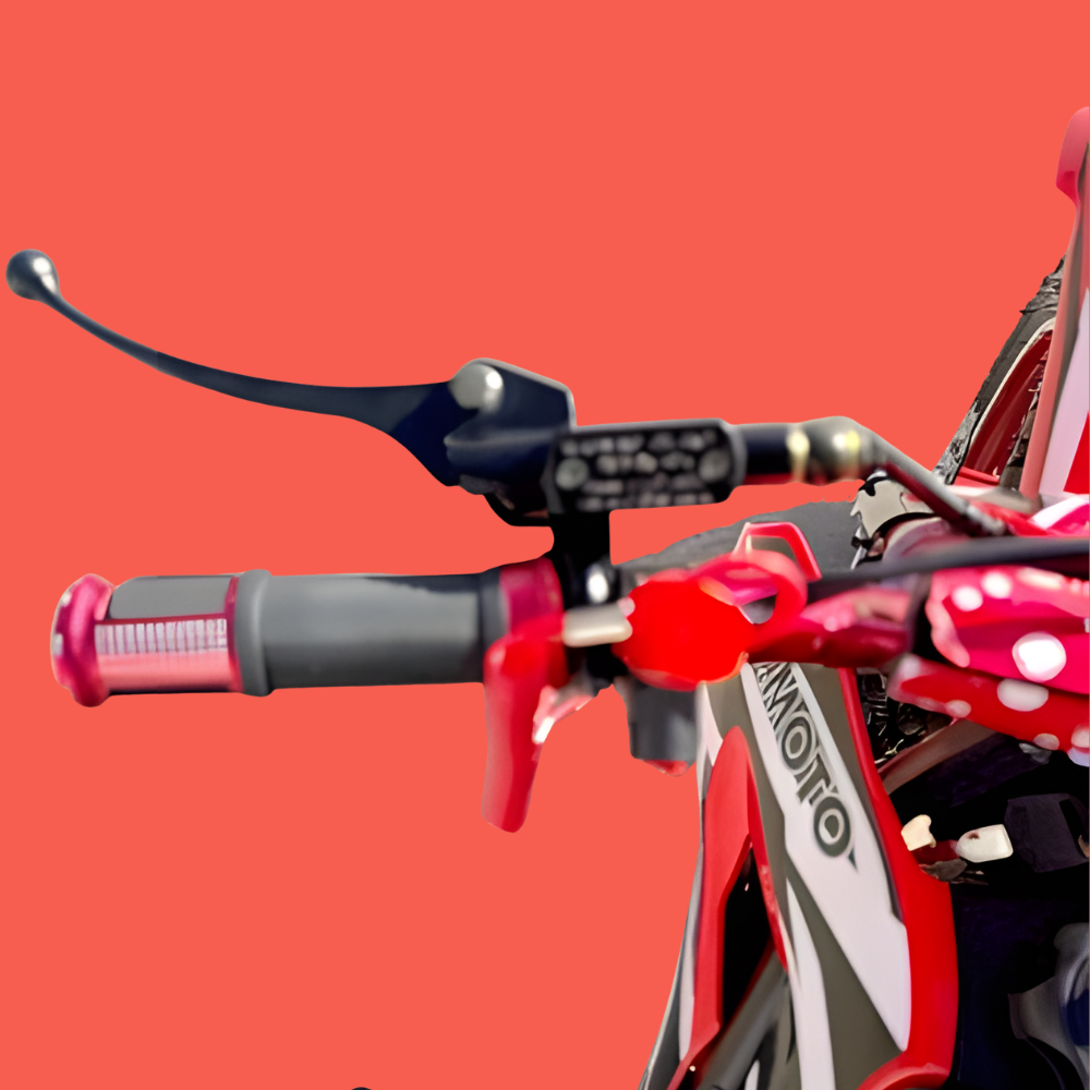 Close-up of a motorcycle handlebar with red and black grips on a red background